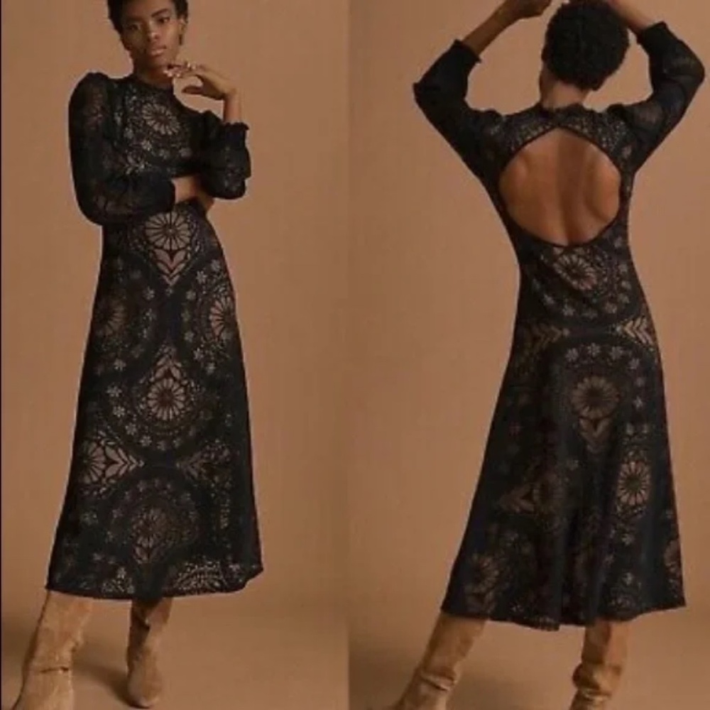 FARM Rio for Anthropologie Open Back Black Midi Dress